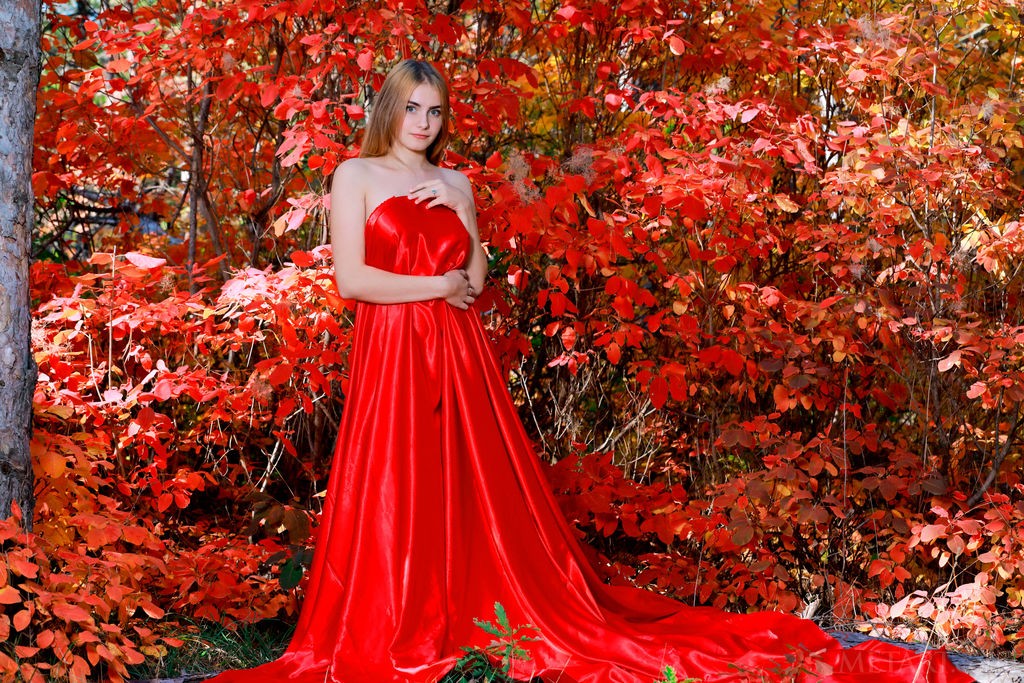 Dakota Pink - Fall beauty and shaved pussy playing in the leaves